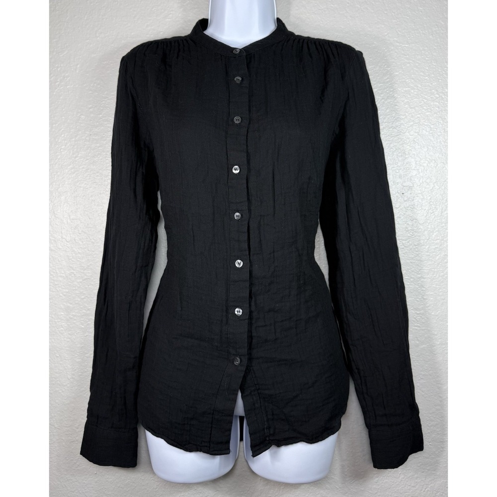 Gap Crinkle Gauze Shirt Women Small Black Long Sleeve Band Collar Button Down